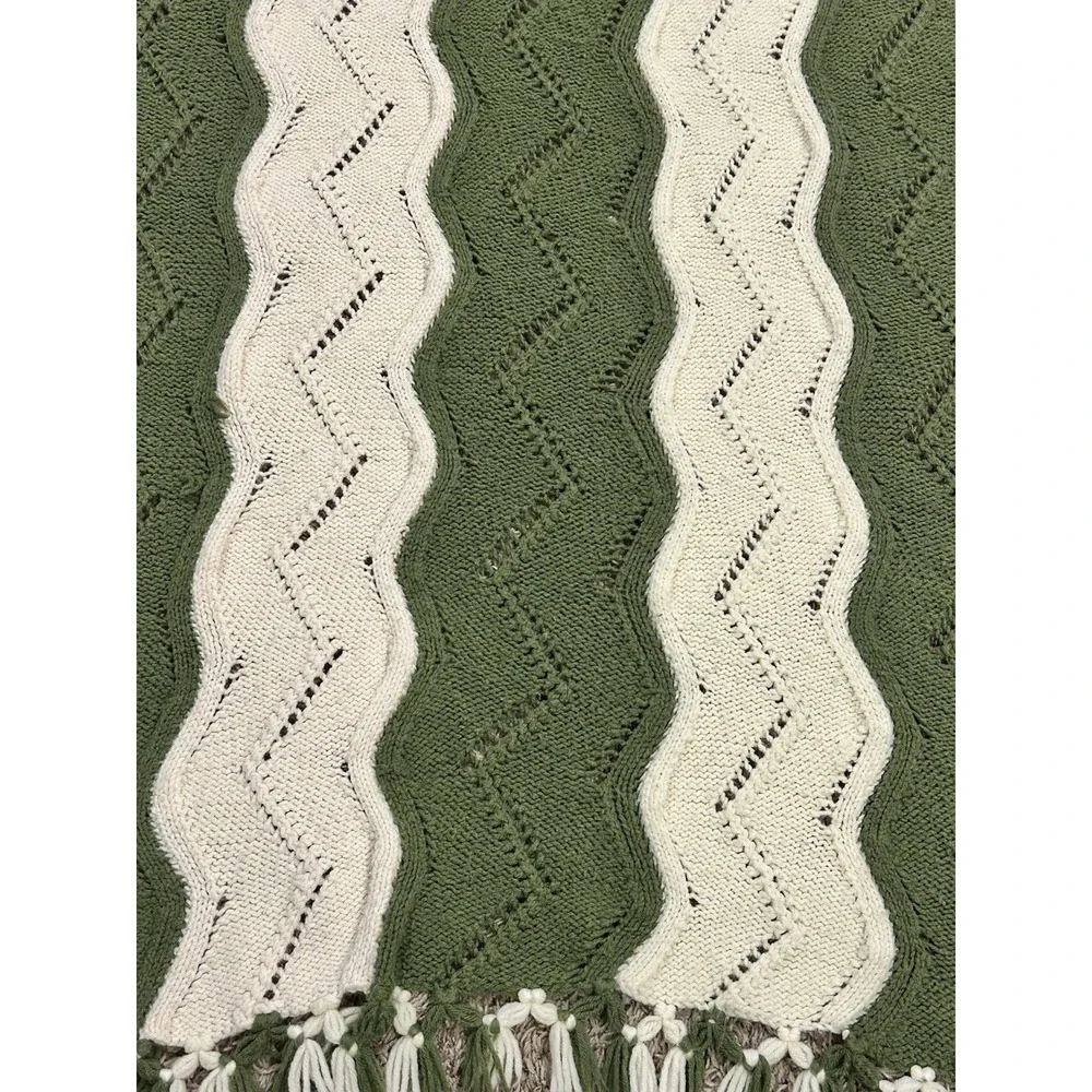 Vintage Handmade Crochet Afghan Blanket Green White 63L 56W Chevron Granny Throw